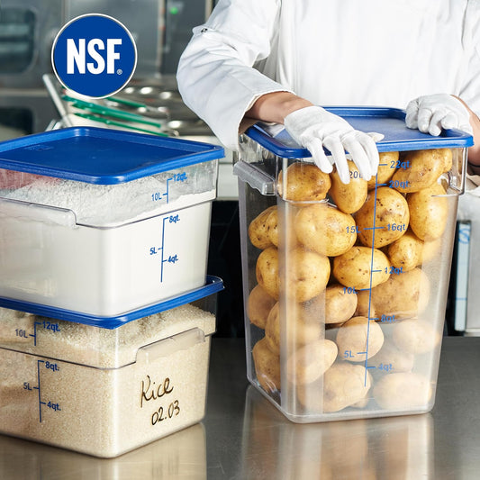 CURTA 4-Pack Food Storage Containers with Blue Lids - 12 Qt & 22 Qt Square Clear Polycarbonate - NSF Listed, Commercial Grade, Freezer & Dishwasher Safe, Stackable