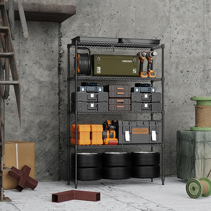 5 Tiers Shelf Metal Storage Shelves Standing 1750 LBs Household Shelf Organizer for Kitchen Pantry Closet Garage Basement Utility Room, Black15.7 D x 45.3" W x 70.4" H