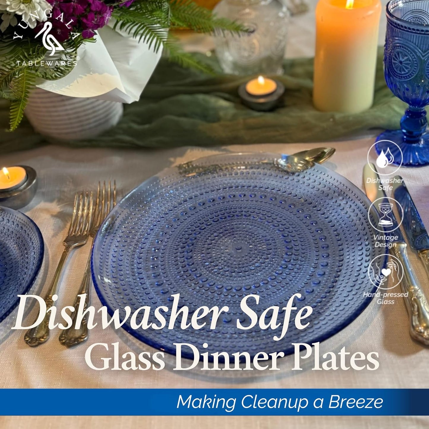 Yungala Cobalt Blue Vintage Hobnail Glass Plates – Set of 4 Authentic Pressed Glass Dinner Plates, Durable and Elegant Design that is dishwasher safe.