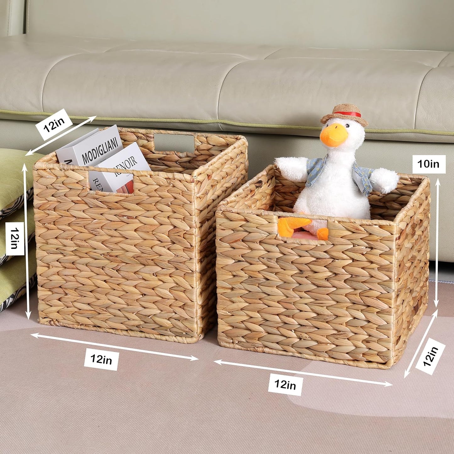 12x12x10 Water Hyacinth Storage Basket Large, Folding Cube Woven Wicker Storage Basket for Shelves, Pantry Baskets Organization and Storage, Kitchen Storage Baskets, Large Rattan Basket Set of 3