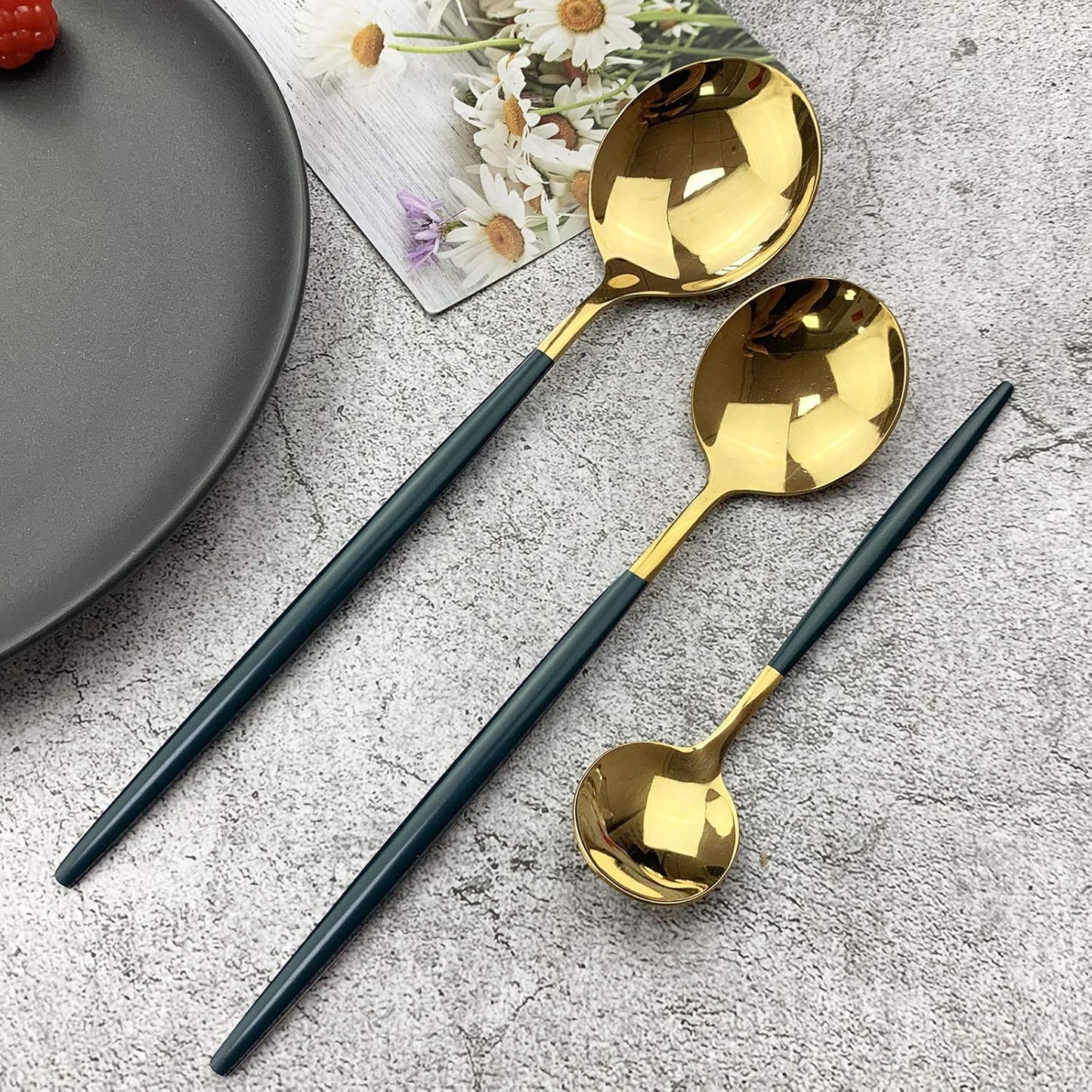 JASHII 18/10 Silver Silverware Set Stainless Steel Flatware Utensils Set Gold Cutlery Set| 24-Piece Modern Cubiertos Dorados| BEST Birthday Wedding Gift (4 sets, Green Handle Gold Mirror Polish)