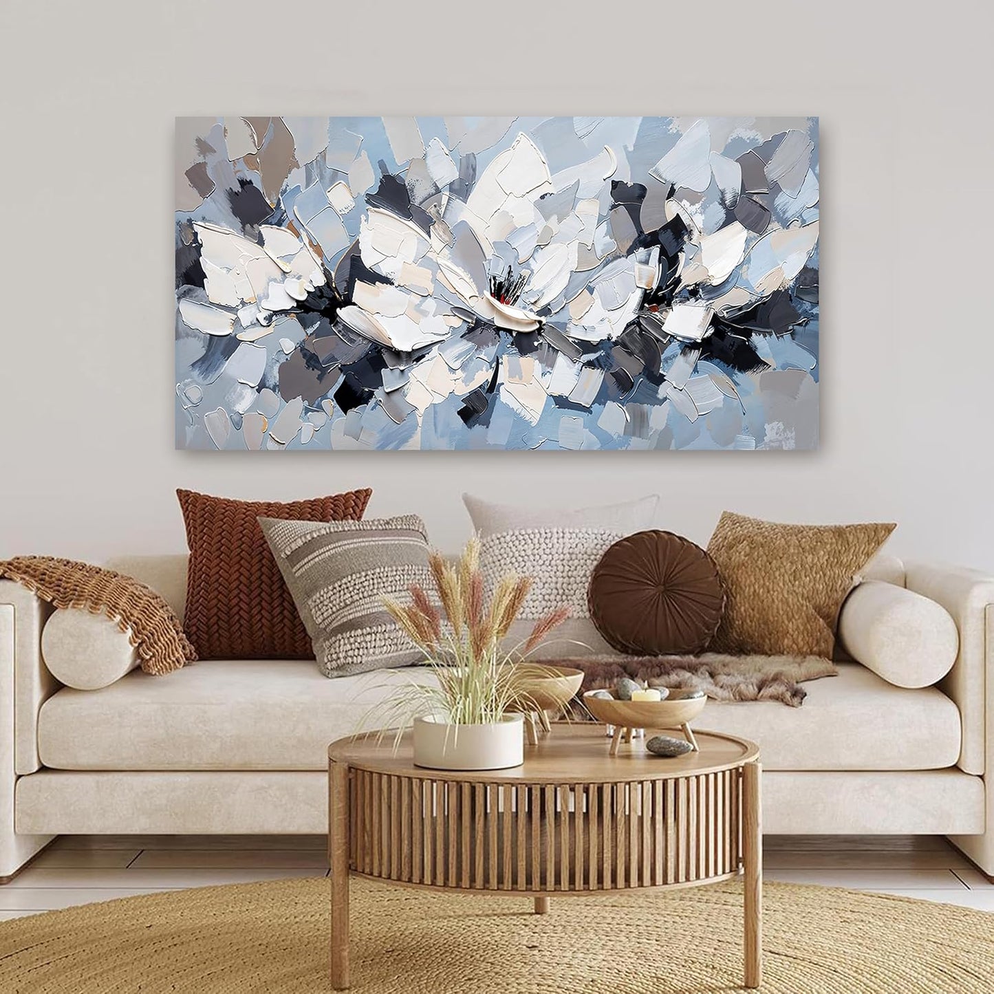 Abstract Canvas Wall Art Decor Modern White Wall Art for Living Room Abstract Canvas Art Wall Decor Flower Pictures Large Blue Wall Art Prints Artwork for Walls Bedroom Office Decor 24" X 48"
