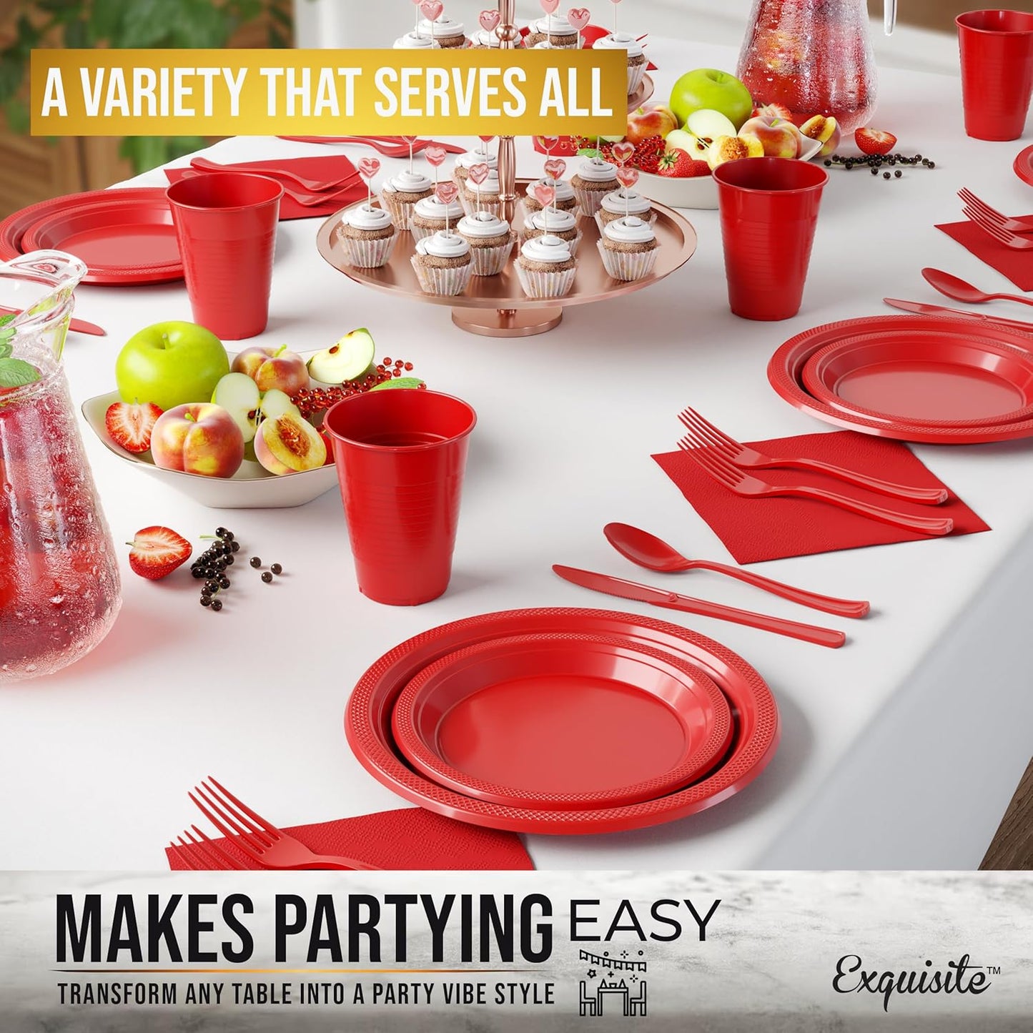 Party Solids 350 Pieces Red Plastic Plates For Party, Red Disposable Plates Set, 50 Of Each 9" Dinner Plate Set, 7" Dessert Plate, Cups, Napkins & Cutlery Plastic Dinnerware