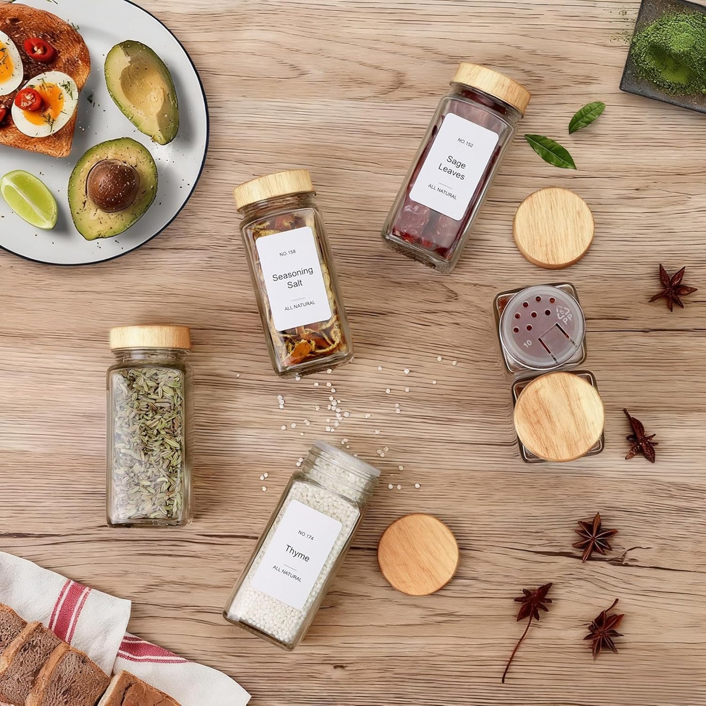 Spice Drawer Organizer with 18 Bamboo-lidded Spice Jars,216 Labels,50 Non-slip Rubber, Bamboo 4 Tier Seasoning Rack Tray Insert for Kitchen Drawers,Cabinets,Countertop,9" Wide x 15.8" Deep