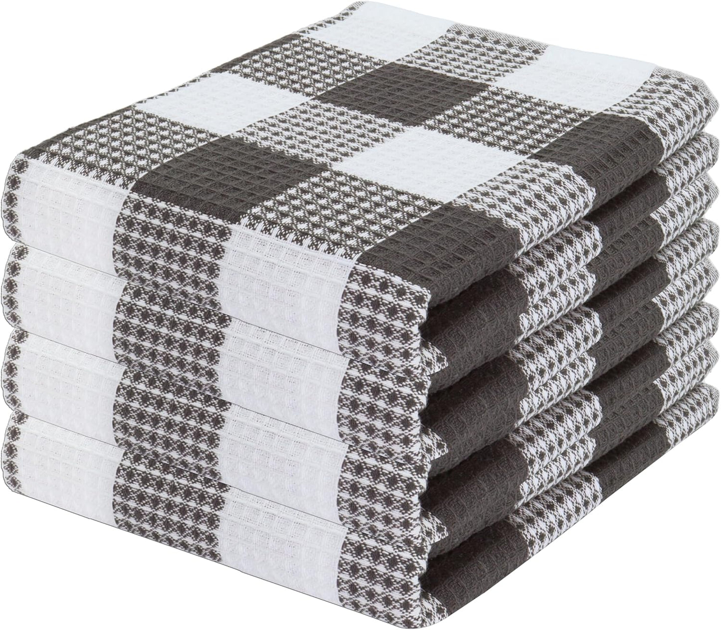 PurpleEssences 100% Cotton Waffle Weave Check Plaid Kitchen Towels, Super Soft and Absorbent Dish Towels for Drying Dishes 15 x 25-4 Pack - Fall Thanksgiving - Steel Grey and White