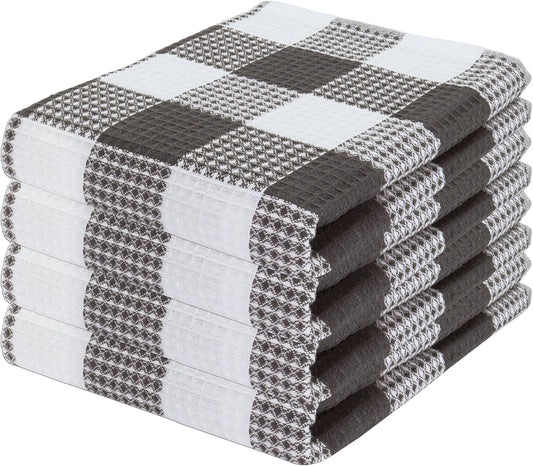 PurpleEssences 100% Cotton Waffle Weave Check Plaid Kitchen Towels, Super Soft and Absorbent Dish Towels for Drying Dishes 15 x 25-4 Pack - Fall Thanksgiving - Steel Grey and White