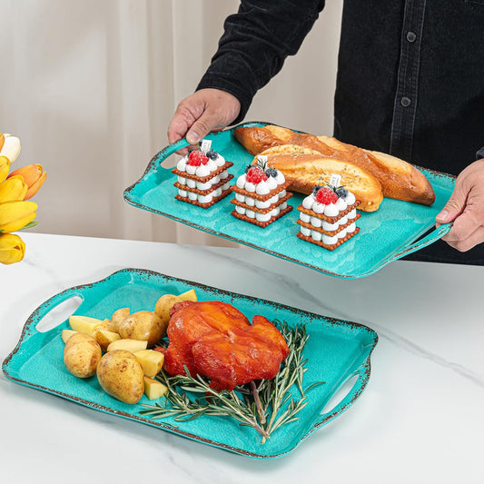 LEHAHA Large Farmhouse Melamine Serving Platters, Serving Tray with Handle for Food, Appetizer, Cupcakes, Dessert, Raised Edge Large Party Platter or TV Dinner Trays, 17.25x12 inch, Set of 2, Teal