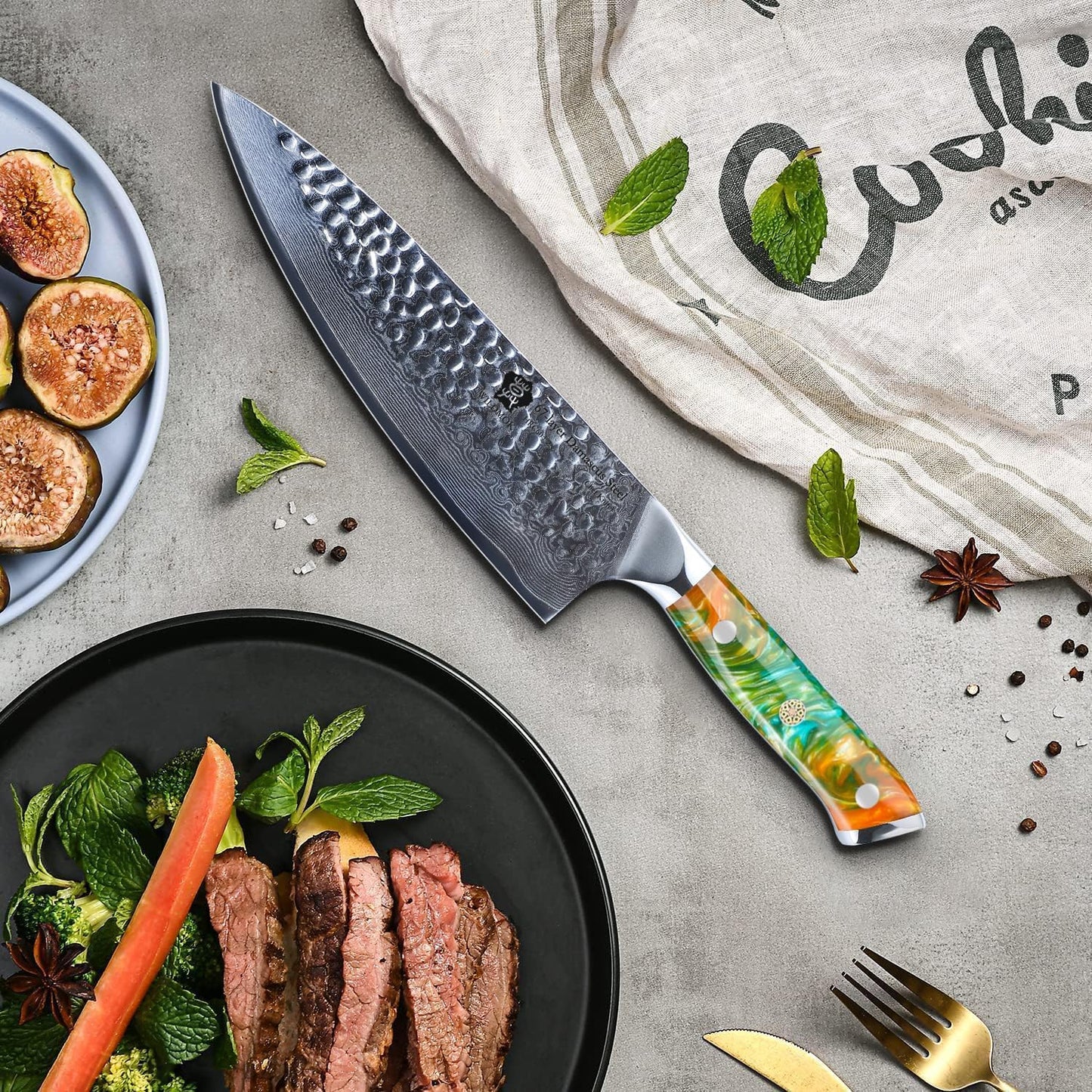 WILDMOK Chef Knife,8 inch Damascus Japanese kitchen knives,VG10 Steel&Resin Handle Chef Knife,Hammered Finish chef's knives,Japanese damascus knife Including Gift Box