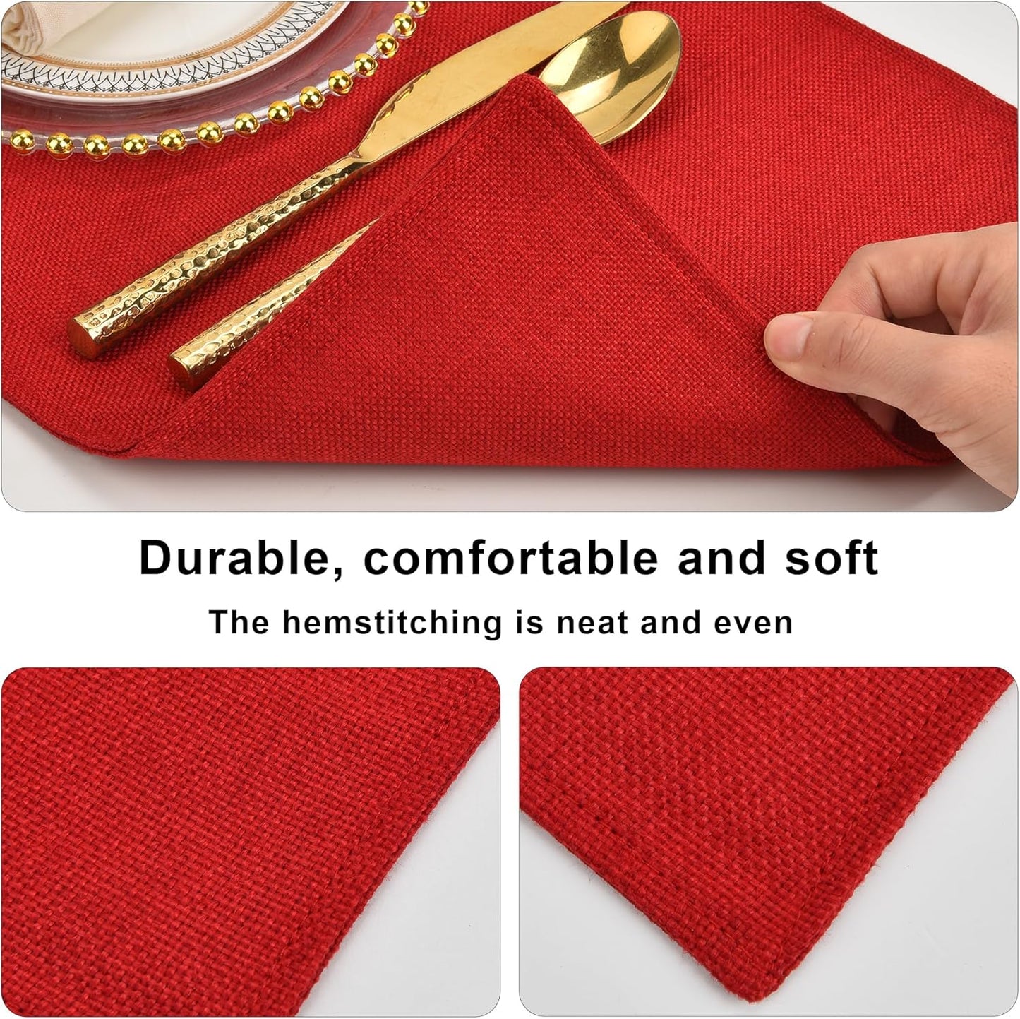 SLKQG Red Linen-Look Fabric Placemats Set of 4, Heat Resistant & Machine Washable Double-Layered Cloth Placemats for Dining Table, Indoor/Outdoor Use, Non-Slip Kitchen Table Mats (4, Bright Red)