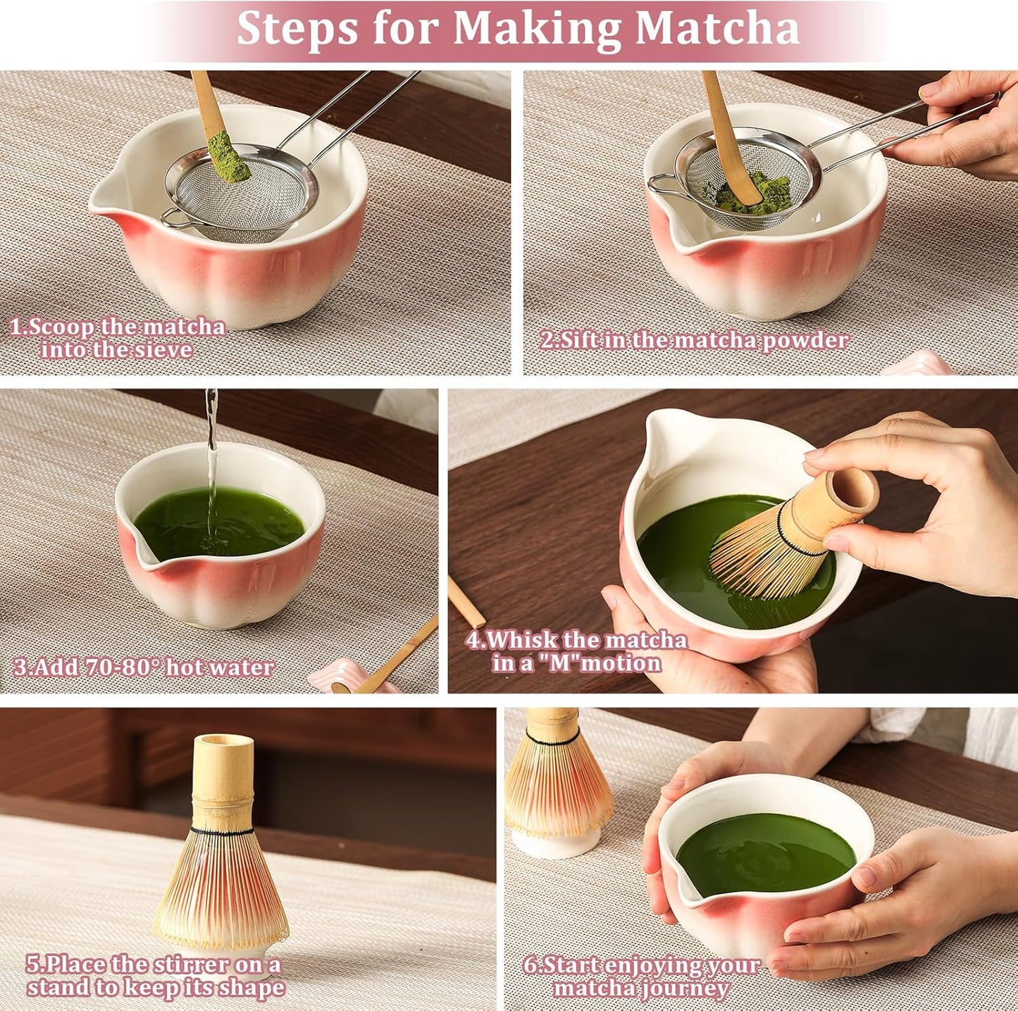 Matcha Whisk Set, 7-Pack Peach Pink Matcha Set - Include Petal Matcha Bowl with Spout, Bamboo Whisk, Chasen Holder, Sifter, Scoop, Tea Towel, Scoop Rest - Perfect Matcha Making Kit for Tea Lover