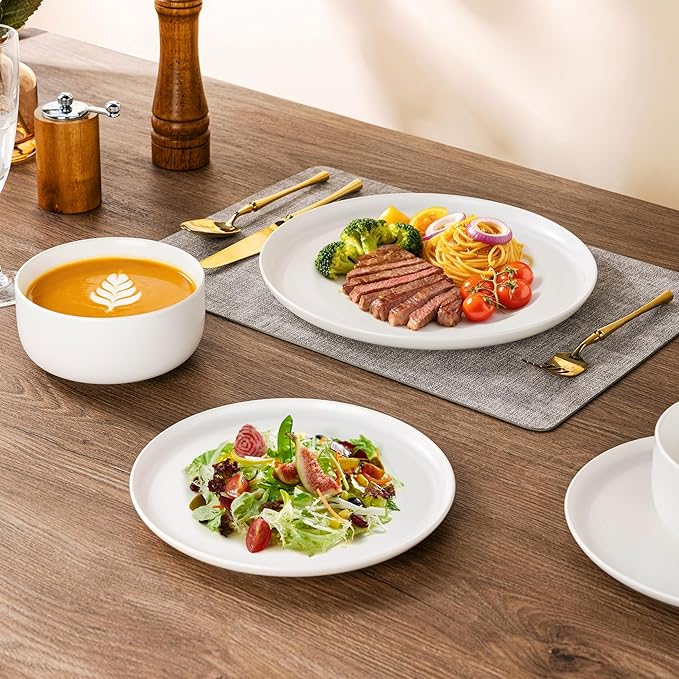 LERATIO Stoneware Dinnerware Sets for 4,Handcarft Ceramic Plates and Bowls Sets,Chip and Scratch Resistant Dishes, Dishwasher & Microwave Safe, Oven safe,Reactive Glaze-White