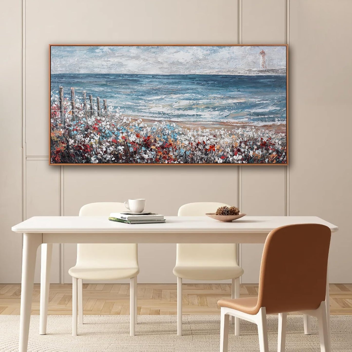 Wall Art Decor Wall Canvas Painting Blue Sea Colorful flowers Landscape Decor Framed For Living Room Bedroom Dining Room Home Office Modern Artwork Home Decoration 24" x 48"