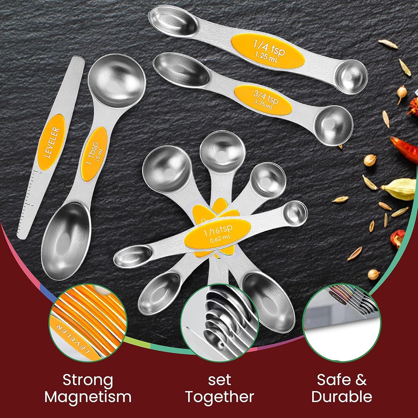 Magnetic Measuring Spoons Set of 9 Stainless Steel Dual-Sided Stackable Measuring Spoon Nesting Teaspoons Measuring Dry and Liquid Ingredients, Fits in Spice Jars Set of 9 (Orange)