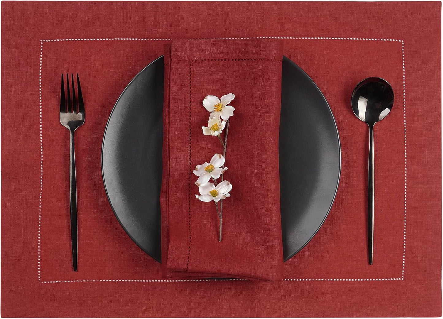 D'Moksha Homes Red Linen Placemats Set of 4 - Classic Hemstitch Placemats 14 x 19 Inch - 100% Pure Linen Table Mats for Fall, Autumn and Halloween - Handcrafted and Machine Washable
