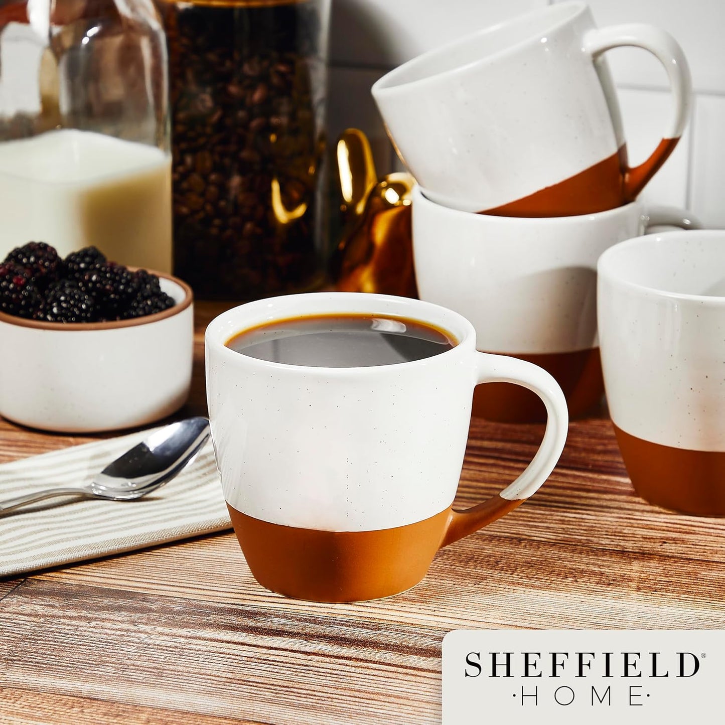 Sheffield Home - Set of 4, Large Stoneware 16oz Coffee Mugs with Handles - Dishwasher & Microwave Safe Ceramic - Ideal for Cappuccino, Espresso, Latte, or Tea - Vanilla White