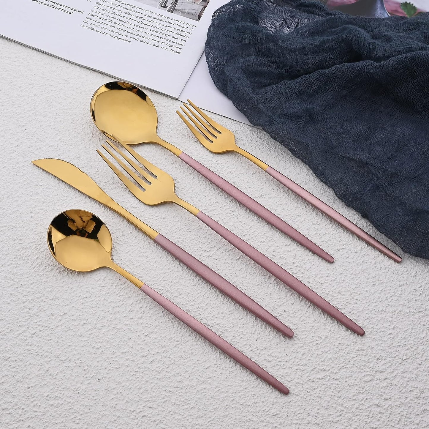 Silverware Set – 20 Piece Family Dinnerware Set – Flatware Set Service For 4 – Pink Gold Tableware Sets – Cutlery Great For Family Gatherings & Daily Use – Spoons, Knives, Forks