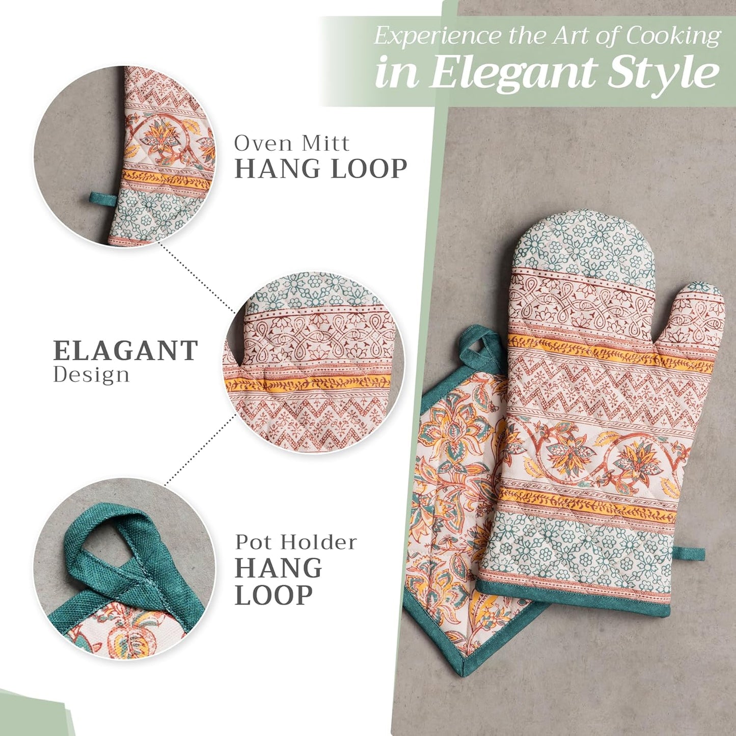 Maison d' Hermine 100% Cotton Oven Mitt & Pot Holder Set (7.5"x13" & 8"x8") Heat Resistant BBQ Cooking Gloves with Loop for Thanksgiving Christmas Decorations Handling Hot Pans (Nila)