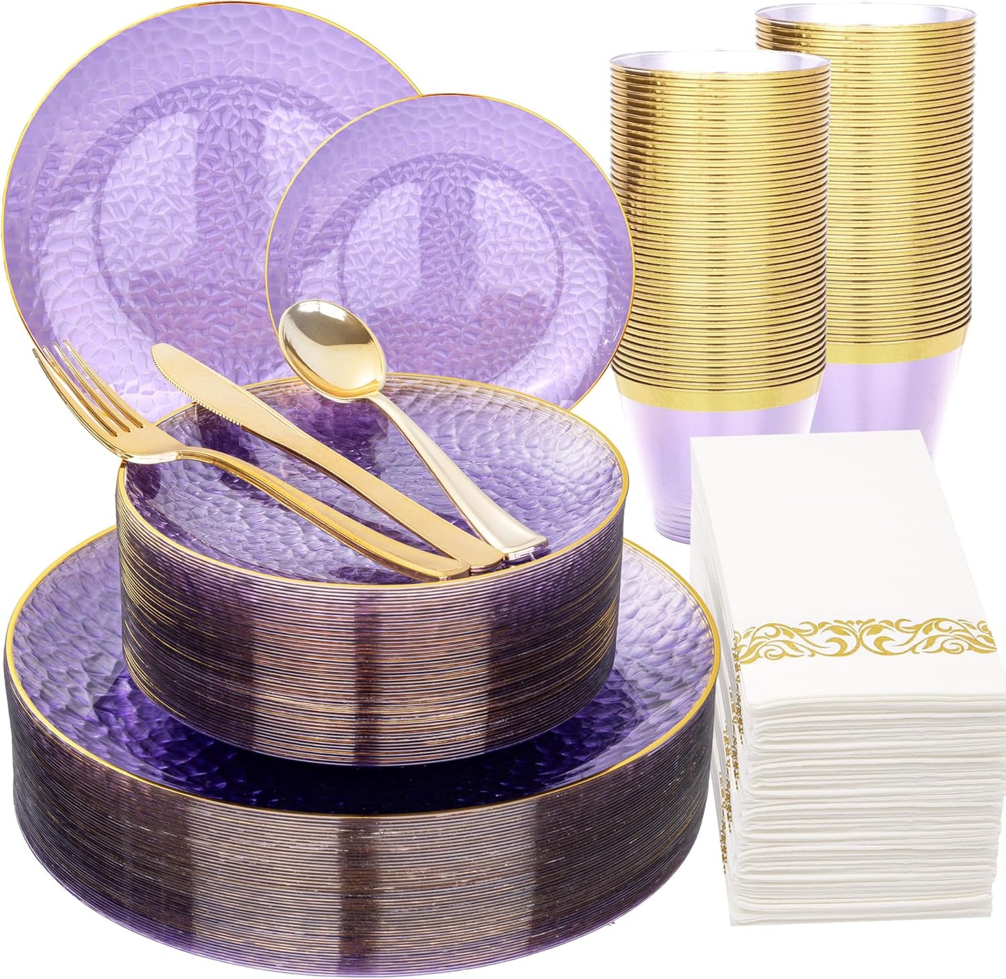 DaYammi 175PCS Clear Purple and Gold Plastic Dinnerware Set for Halloween, Hammered Disposable Plates for Party, Include: 25 Dinner Plates, 25 Dessert Plates, 75 Gold Silverware, 25 Napkins, 25 Cups