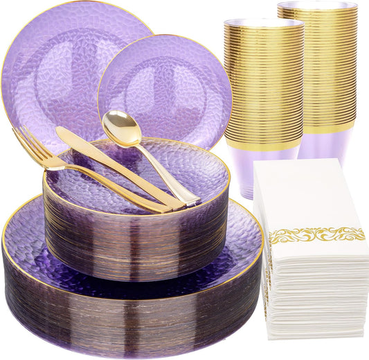 DaYammi 175PCS Clear Purple and Gold Plastic Dinnerware Set for Halloween, Hammered Disposable Plates for Party, Include: 25 Dinner Plates, 25 Dessert Plates, 75 Gold Silverware, 25 Napkins, 25 Cups