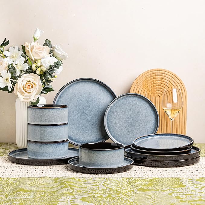 LERATIO Ceramic Dinnerware Sets for 4,Round Reactive Glaze Ceramic Plates and Bowls Set | Dishwasher & Microwave Safe Dishes Set,Service for 4 (12pc)-Gray White