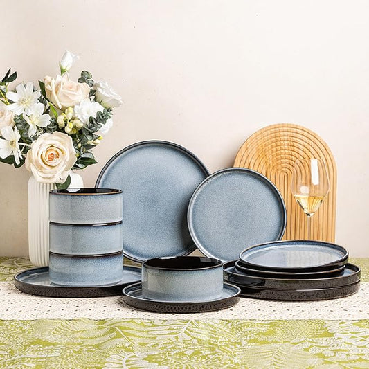 LERATIO Ceramic Dinnerware Sets for 4,Round Reactive Glaze Ceramic Plates and Bowls Set | Dishwasher & Microwave Safe Dishes Set,Service for 4 (12pc)-Gray White