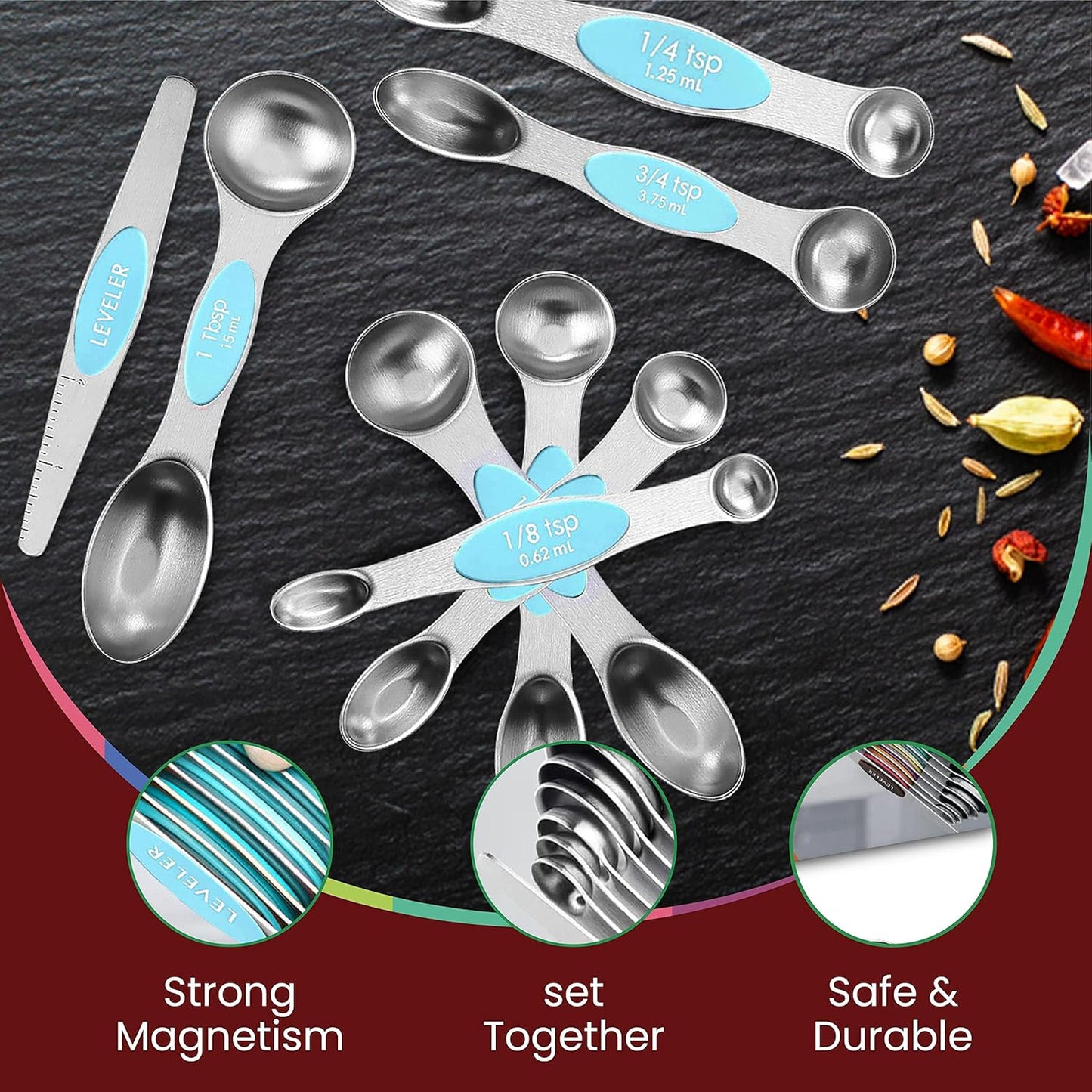 Magnetic Measuring Spoons Set of 9 Stainless Steel Dual-Sided Stackable Measuring Spoon Nesting Teaspoons Measuring Dry and Liquid Ingredients, Fits in Spice Jars Set of 9 (Blue Aqua Sky)