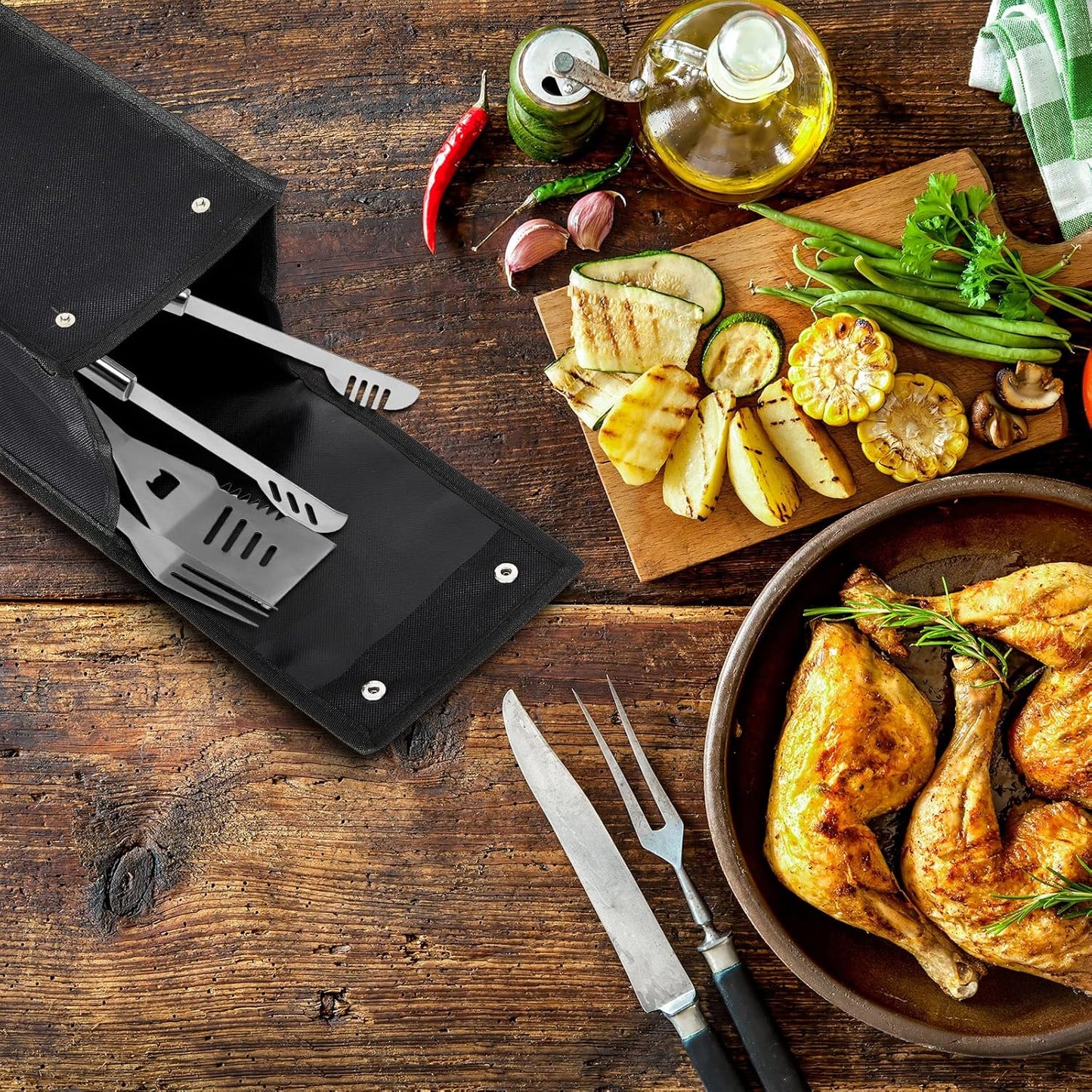 Amylove Grill Utensil Storage Bag BBQ Tool Storage Bags Barbecue Hardware Tool BBQ Utensil Holder Pouch Oxford Cloth Accessory Foldable for Camping Hiking(1 Pcs,Black)