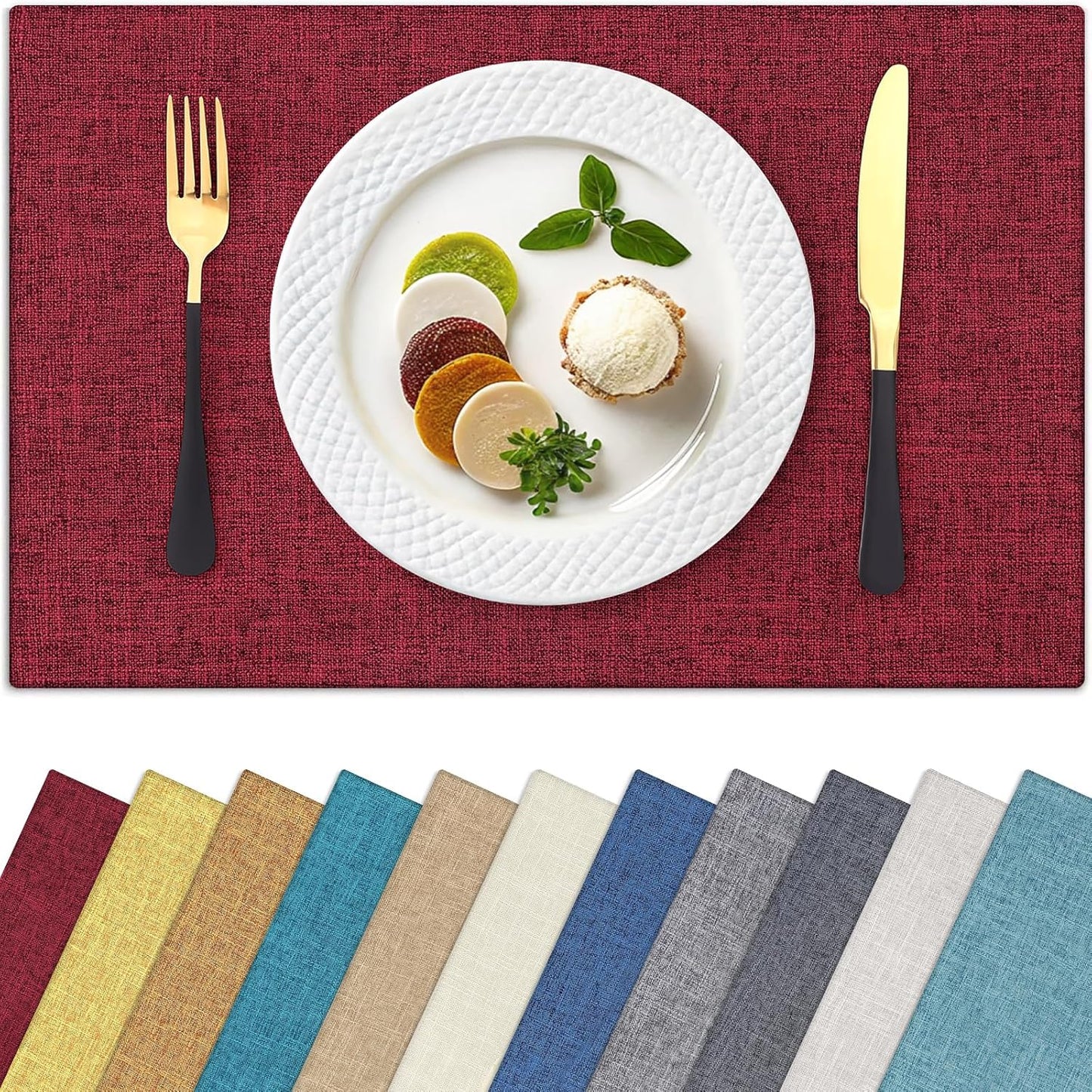 Homaxy Cloths Placemats for Dining Table Set of 6, Heat Resistant Washable Cotton Linen Blend Table Mats, Easy to Clean Place Mats for Indoor Outdoor Party Kitchen Decoration, 13" x 19", Red