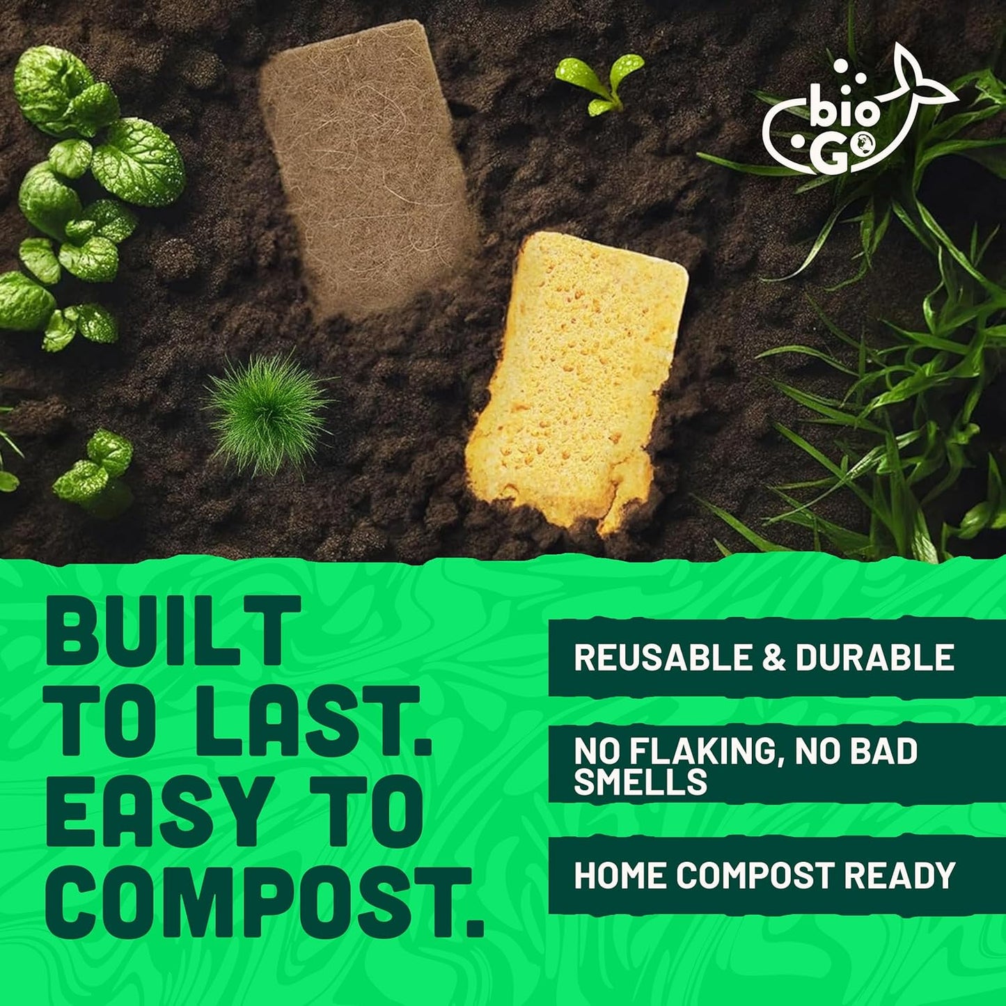 bioGo 12 Pack Natural Biodegradable Kitchen Sponges - Eco-Friendly, Compostable, Cellulose Dish - Compostable - Biodegradable - Cellulose Sponge