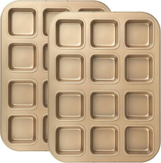 Tiawudi 2 Pack Brownie Pan, Non-stick Bakeware for Bread and Loaf, Heavy Duty Carbon Steel Mini Muffin Pan, 12-Cavity