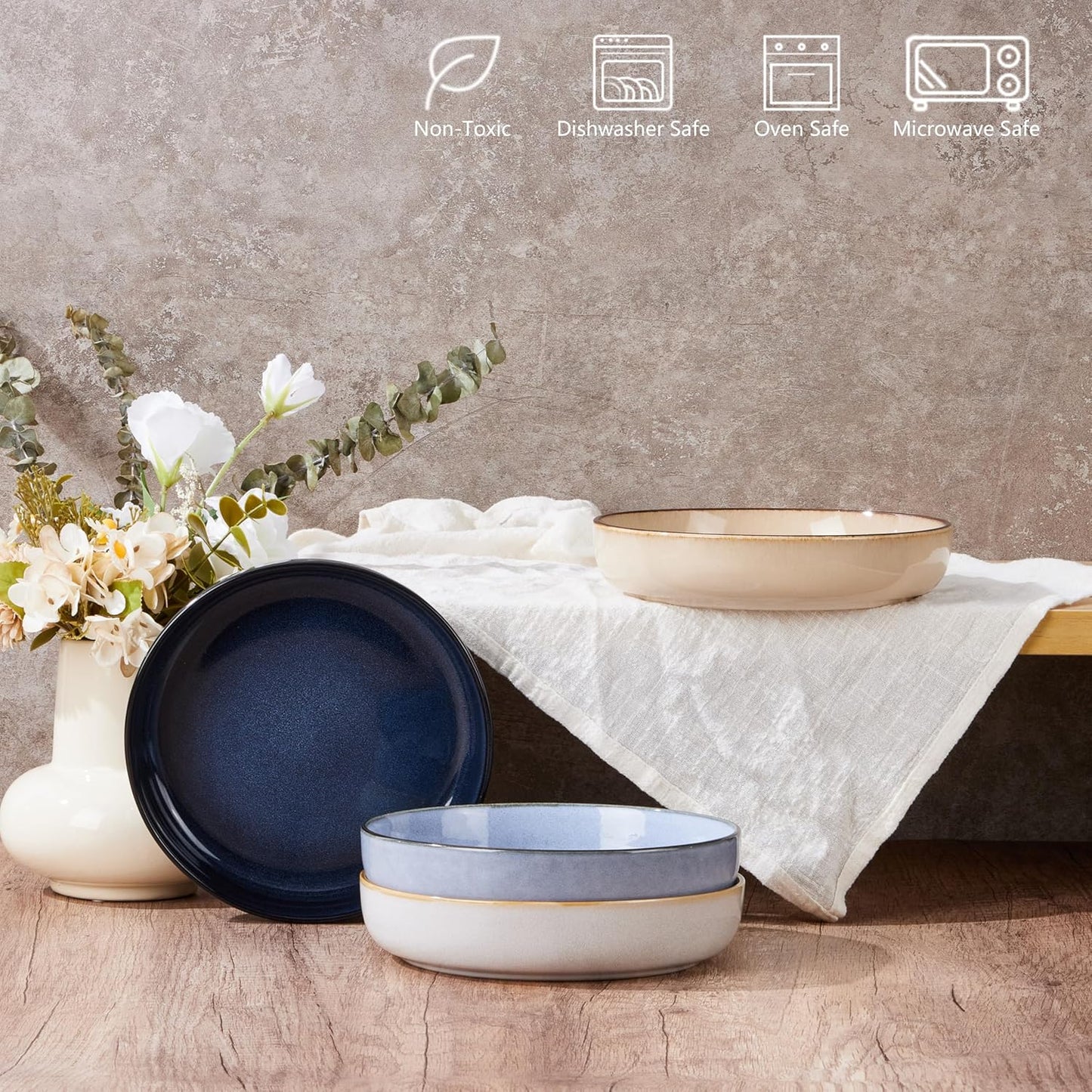 E-far Pasta Bowls Set of 4-35oz Double Reactive Ceramic Large Serving Salad Bowls, Wide & Shallow Stoneware Pasta Plates for Salad, Soup, Dinner| Dishwasher & Microwave Safe | Multicolor