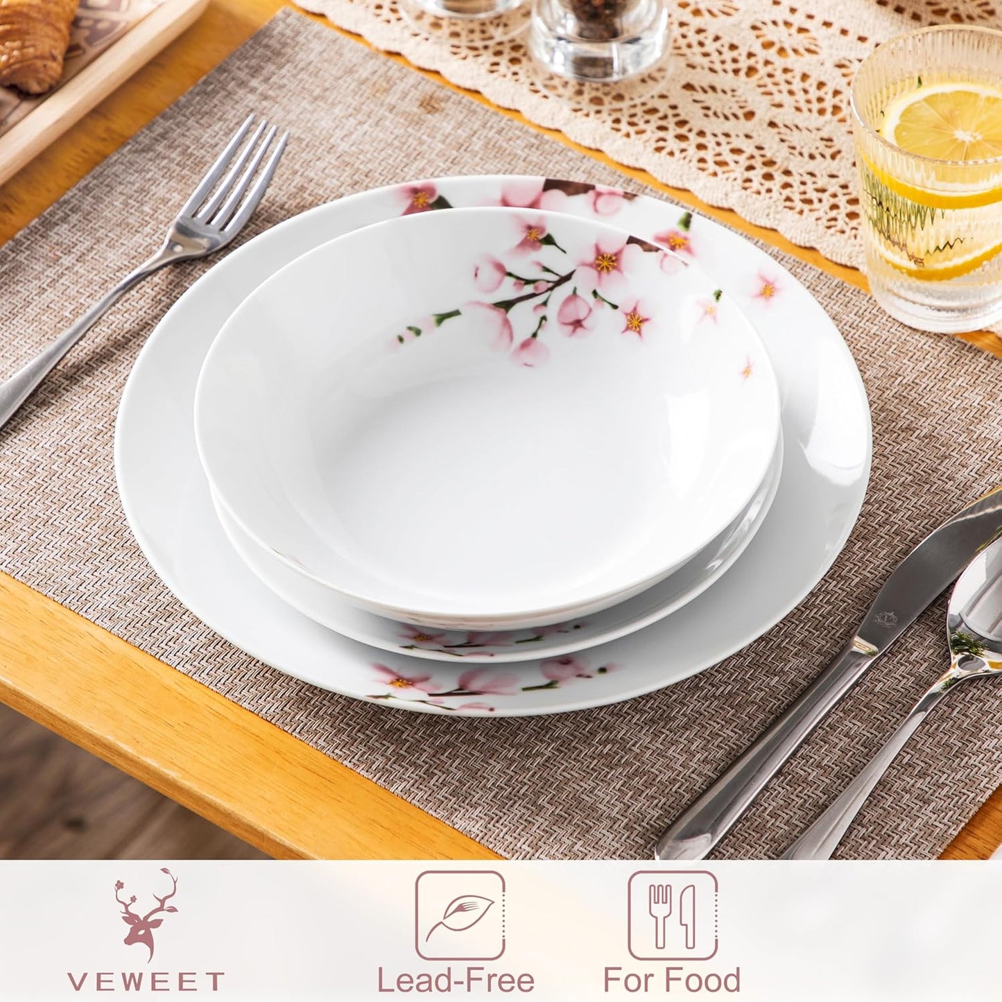 VEWEET 18 Pieces Dinnerware Sets for 6, Porcelain Plates and Bowls Set with Pink Floral, Classic Dishes Set Dining Ware for Dinner, Microwave and Dishwasher Safe, Series ANNIE