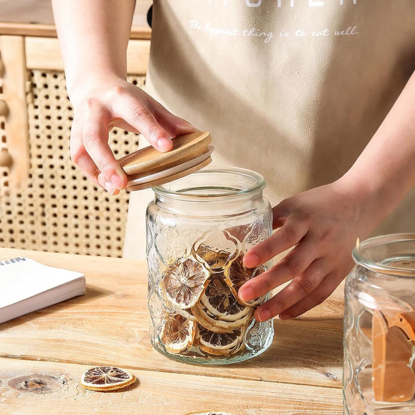 Glass Storage Jars With Airtight Lid, 23.7oz Canister For Kitchen Counter with Bamboo Lid, brown sugar, candy, coffee, cookie, salt, tea,pantry cute Jar (Begonia & Sunflower)