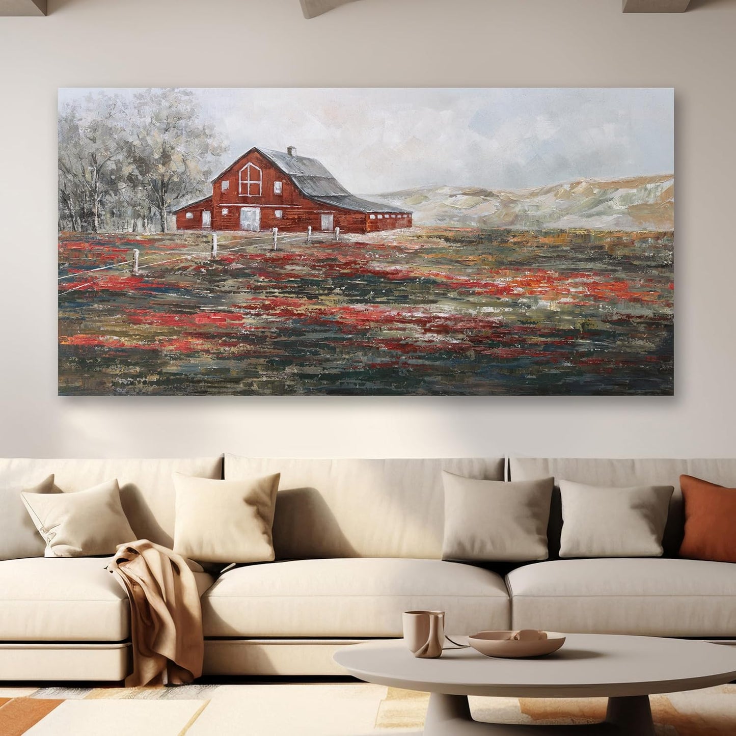 Farmhouse Wall Art Canvas Picture Red Rustic Barn Farm Artwork Decor Country Landscape Panoramic Countryside Rural Nature Scene Painting for Living Room Bedroom Office Decor Wall Decor 20"x40"