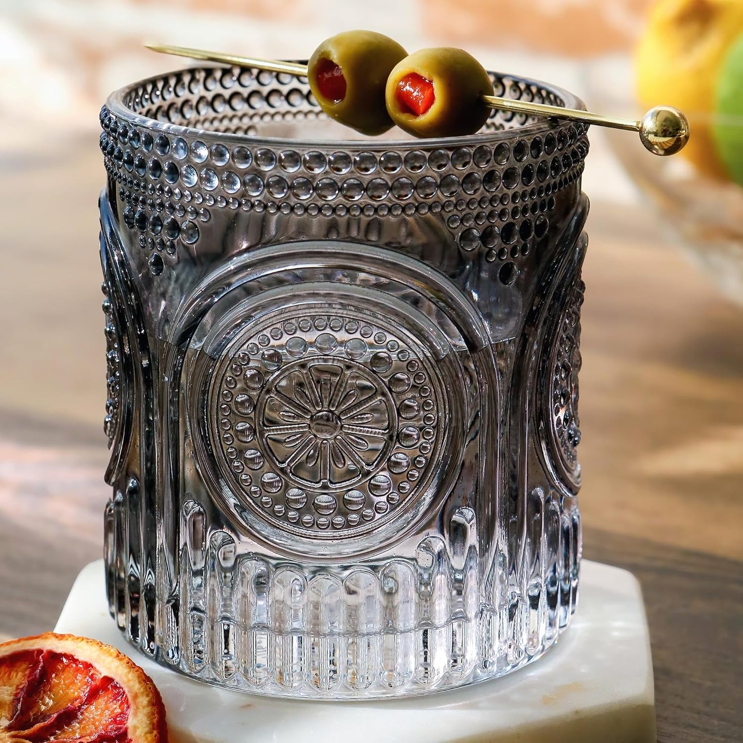 Kate Aspen Ribbed Retro Arch Floral Smoke Grey Drinking Glasses Set of 6, (10 oz) Vintage Glassware Set Cocktail Glass Set, Juice Glass, Water Cups | Hostess Gift & Present for New Home Owners