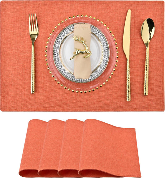 SLKQG Thanksgiving Linen-Look Fabric Placemats Set of 4 - Heat Resistant & Machine Washable Table Mats for Holiday Dining, Double-Layered Placemats for Family Gatherings (4, Orange)