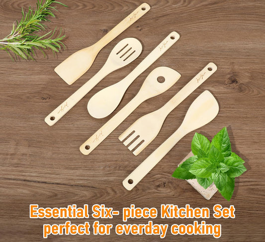 Wooden Spoons & Spatulas 6-Piece Bamboo Kitchen Utensil Set - Natural Material Scraper & Strainer Cooking Tools