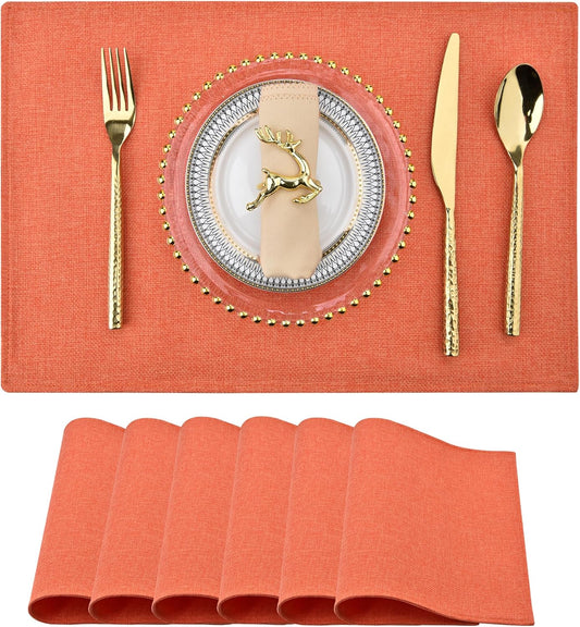 SLKQG Thanksgiving Linen-Look Fabric Placemats Set of 6 - Heat Resistant & Machine Washable Table Mats for Holiday Dining, Double-Layered for Family Gatherings - Indoor Outdoor Use (6, Orange)