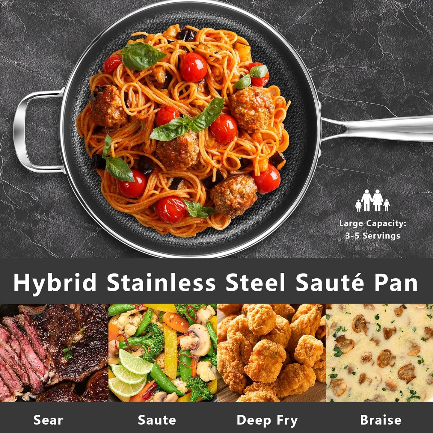 12 Inch Frying Pan Nonstick with Lid, 5.6QT Hybrid Ceramic Deep Saute Pan & Skillet, Tri-Ply Stainless Steel for Even Heat, PFOA/PFOS Free, Induction & Oven Safe