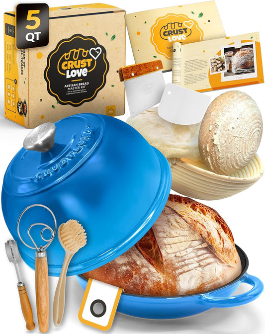 Dutch Oven Bread Baking - 5QT Enamel Bread-Dome - incl Sourdough Bread-Baking Suppliers like Dough Whisk Scoring Lame etc Bread-Oven Cast Iron for Sour dough Bread-Pan with Lid, Bread-making