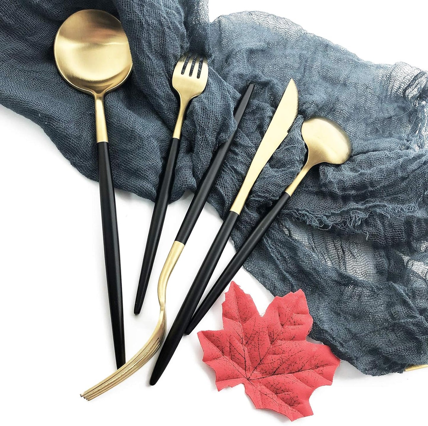 Silverware Set, Hand polished Matte Gold Black Flatware Cutlery Set Service for 2, Satin Finish 10 Pieces 18/10 Stainless Steel Utensils Set for Home and Restaurant, Dishwasher Safe