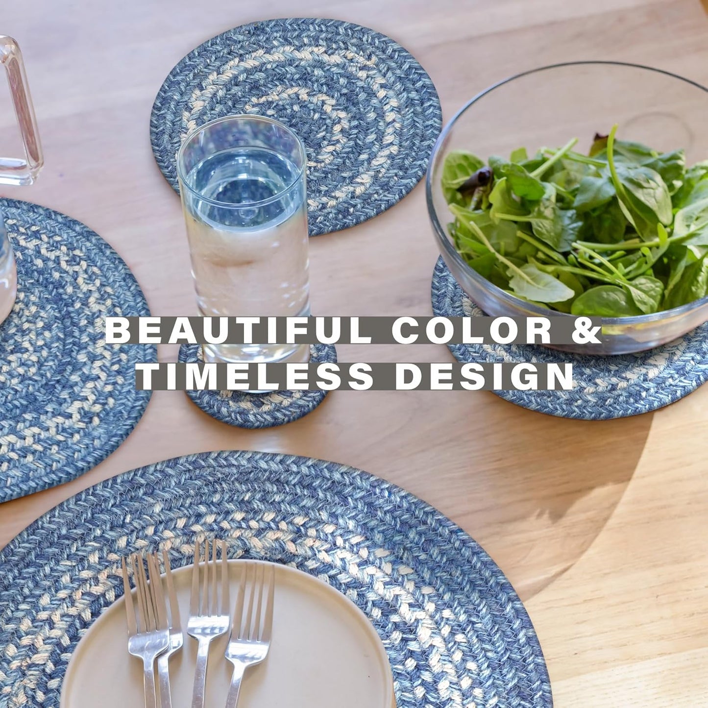 Denim Jute Braided Kitchen Trivets for Hot Dishes, Country Coastal Decor, Set of 6, Blue 8" Round Heat Resistant Mats - Rich Colors, Easy to Clean, Durable and Protects Furniture