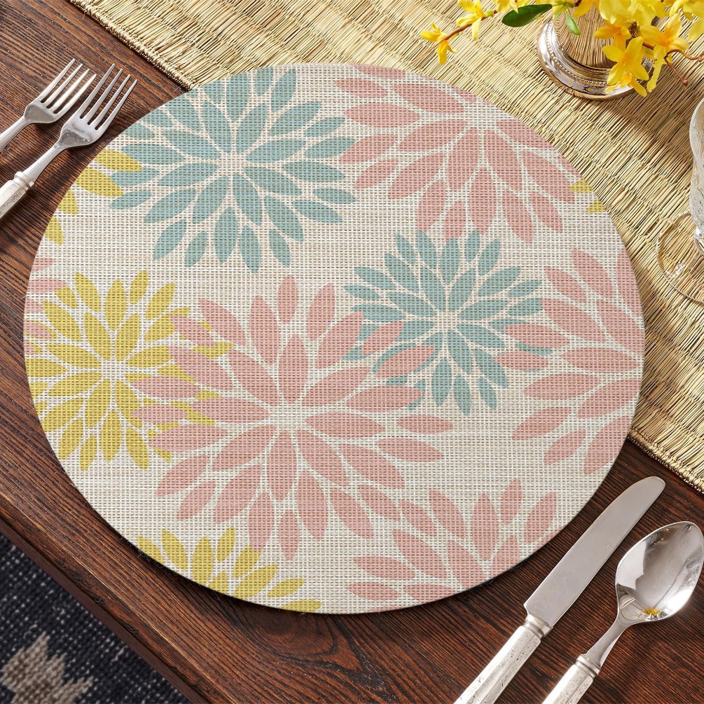 Artoid Mode Floral Vinyl Round Placemats Set of 4, 14 Inch Wipeable Non-Slip PVC Place Mats for Party Kitchen Dining Decor, Pink Blue