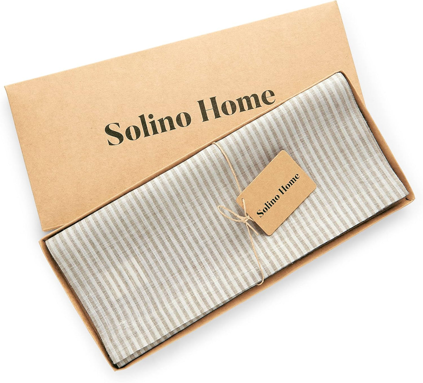 Solino Home Linen Table Runner 48 Inches - Narrow Stripe 100% Pure Linen Natural and White Table Runner 14 x 48 Inch Ideal for Dresser and Coffee Tables - Fall, Halloween, Thanksgiving, Christmas