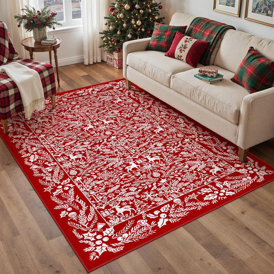 Christmas Area Rug 4x6 Machine Washable Xmas Snowflake Holiday Decor Entrance Rugs Low Pile Carpet Indoor Doormat Red Non-Slip Christmas Deer Carpet for Bedroom Kitchen Entryway Bathroom