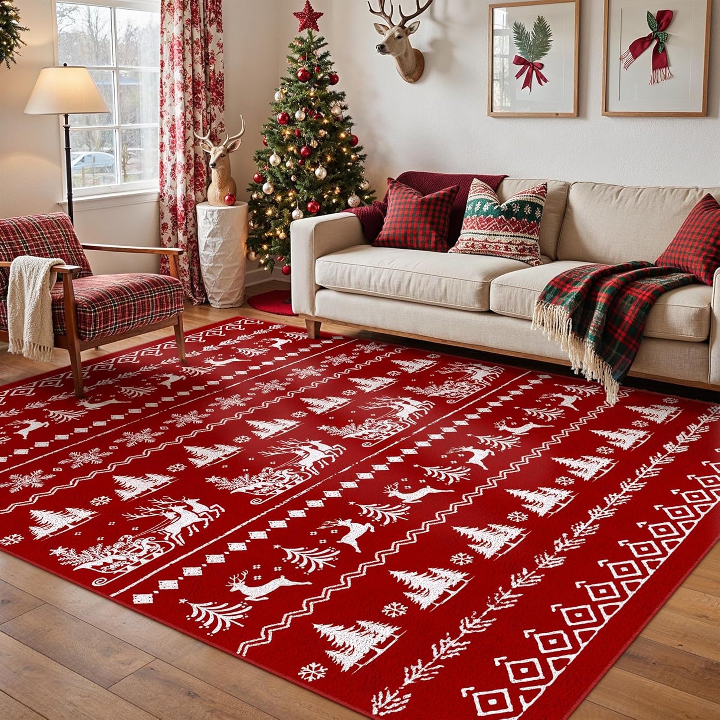 5x7 Christmas Area Rug Red Washable Kitchen Carpet Xmas Elk Holiday Decor Indoor Throw Snowflake Rug Decorative Living Room Non Slip Soft Low Pile Bedroom Dining Room Office Nursery Bathroom
