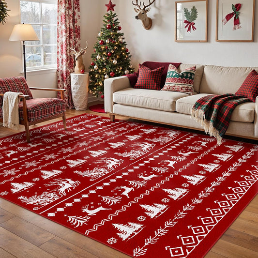 5x7 Christmas Area Rug Red Washable Kitchen Carpet Xmas Elk Holiday Decor Indoor Throw Snowflake Rug Decorative Living Room Non Slip Soft Low Pile Bedroom Dining Room Office Nursery Bathroom