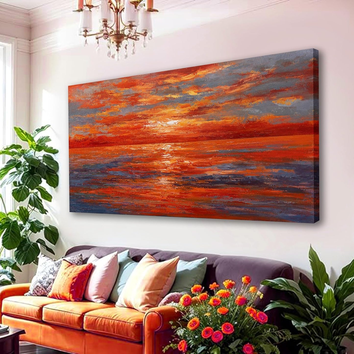 Red Sunset Ocean Abstract Wall Art Canvas Print Wall Decor Landscape Painting Framed Beach Artwork for Living Room Bedroom Office Farmhouse Bar Home Decor 29"x58"