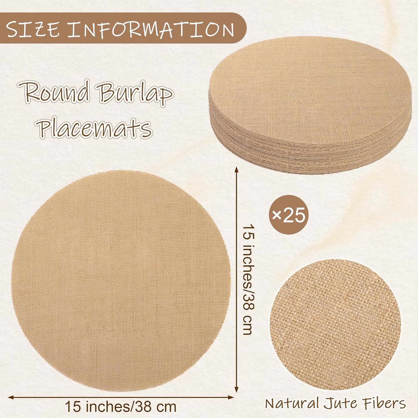25 Pieces Burlap Placemats 15 Inch Round Reusable Brown Table Mats Natural Jute Fibers Placemats Bulk Circle Rustic Table Decorations for Dining Wedding Holiday Farmhouse Supplies