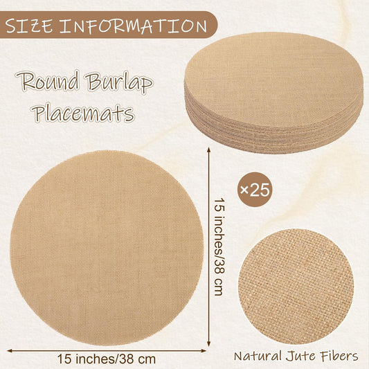25 Pieces Burlap Placemats 15 Inch Round Reusable Brown Table Mats Natural Jute Fibers Placemats Bulk Circle Rustic Table Decorations for Dining Wedding Holiday Farmhouse Supplies